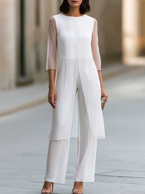 Two-Piece Set: Sheer-Sleeve Tunic Top & Wide-Leg Trousers - White