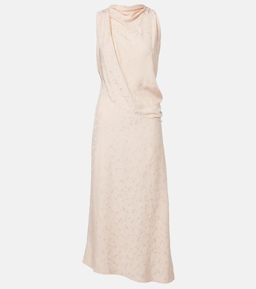 Asymmetric draped floral satin midi dress
