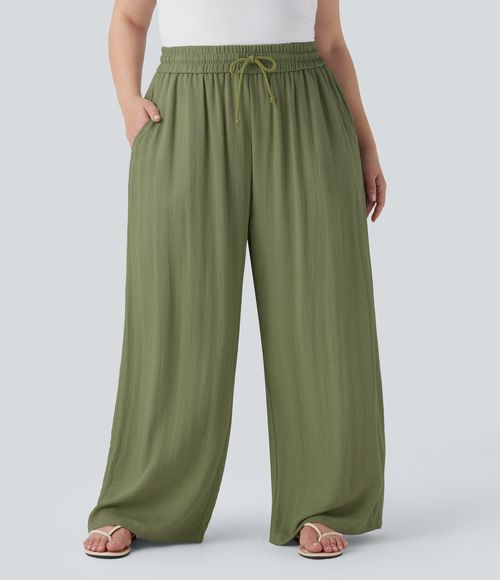 High Waisted Drawstring Linen-Feel Wide Leg Casual Plus Size Pants with Pockets  - Loden Green