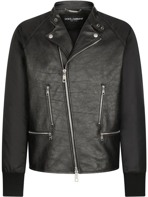 Contrasting-sleeve leather biker jacket - Black