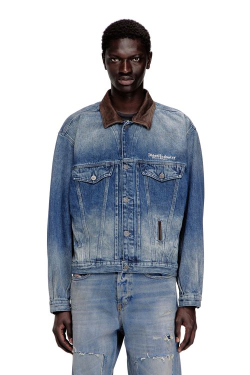 Denim trucker jacket with contrast leather trims - Denim Jackets - Unisex - Blue