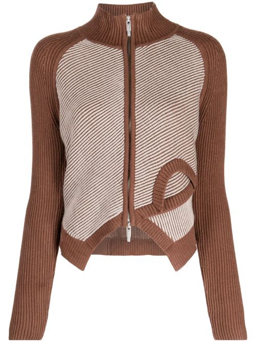 Logo intarsia-knit ribbed-knit cardigan - Brown