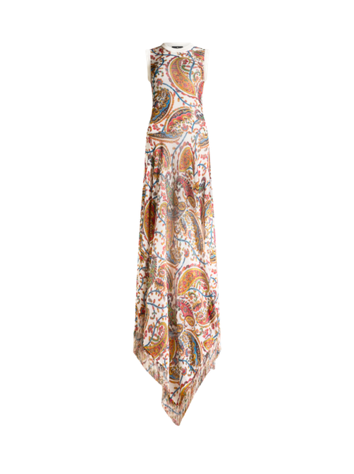 Knit Long Dress With Fringing And Floral Paisley Motif