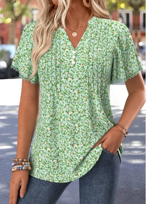 Modlily Light Green Ditsy Floral Print Lace Trim T Shirt