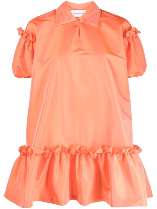 Ruffle-trim short-puff sleeve minidress - Orange