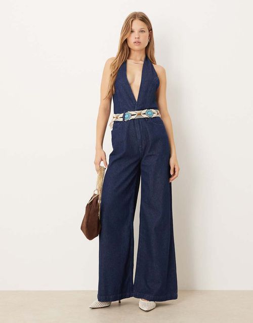 Denim halter neck jumpsuit with wide leg in rinse wash-Blue