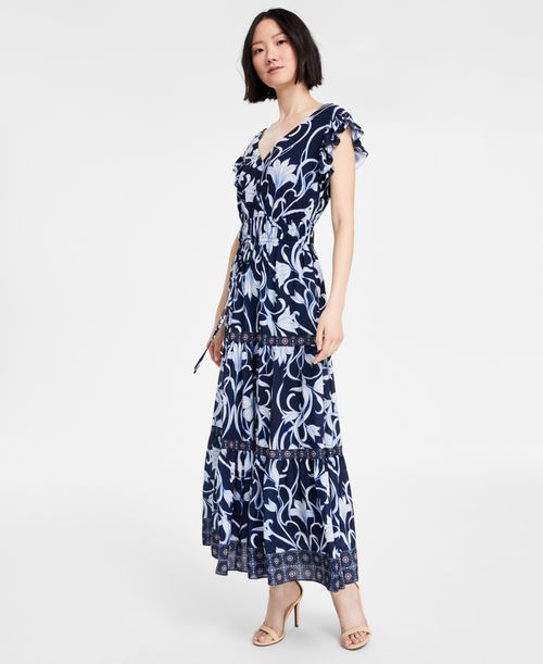Women's Printed Border-Trim Drawstring Maxi Dress - Distant Mountain Multi