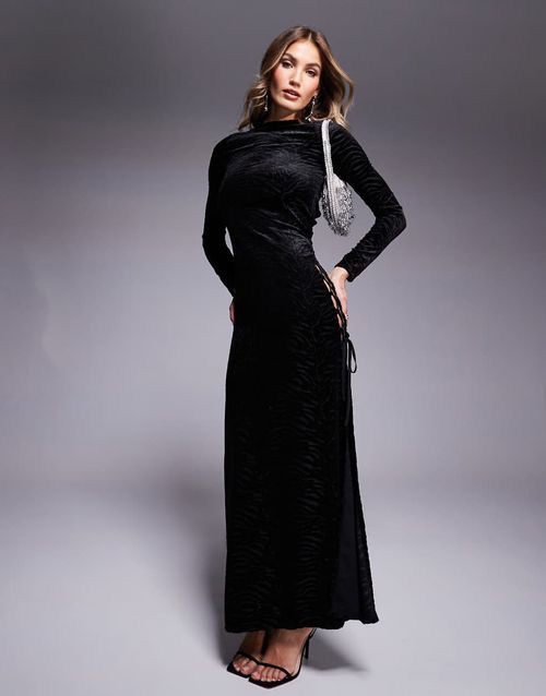ASOS DESIGN | ASOS DESIGN long sleeve burnout maxi dress with extreme lace  up side in black