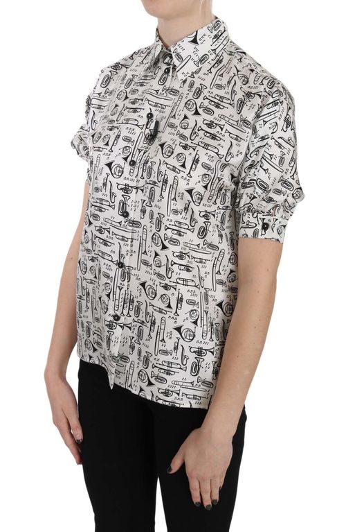 Trumpet Print Silk Blouse — White