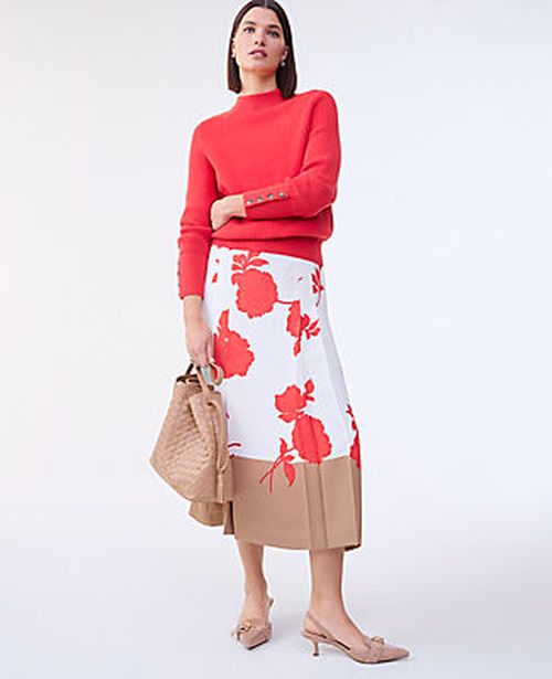 Ann Taylor Floral Satin Pleated Skirt