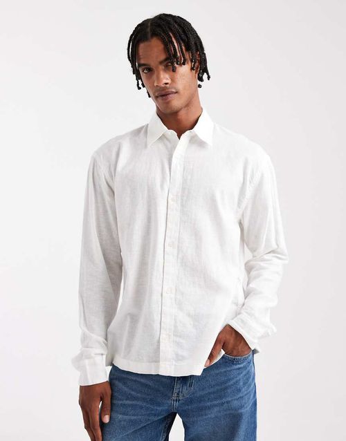 Long sleeve linen blend shirt in white