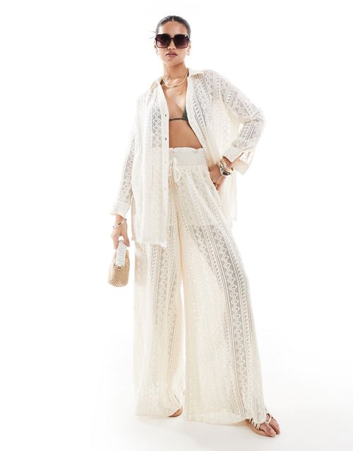 Crochet cargo trouser co-ord in cream-White