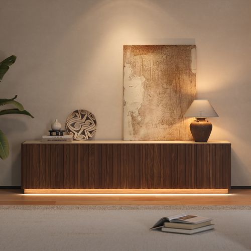 2130mm Mid-Century Modern Ash Wood Slatted Walnut TV Stand with Travertine Veneer Top