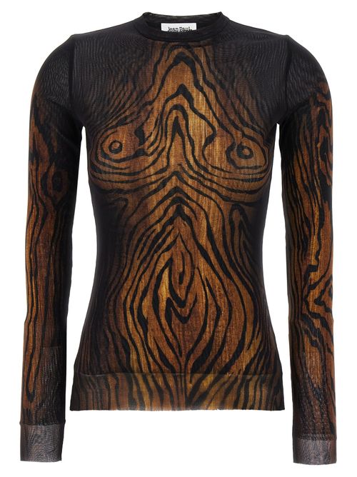Animal Print Stretch Tulle Blouse — Multicolor