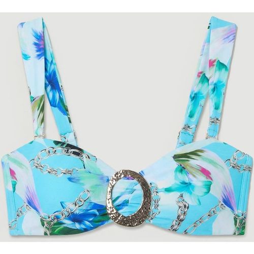 Karen Millen Women's Chain Print Bandeau Metal Trim Detail Bikini Top in Blue