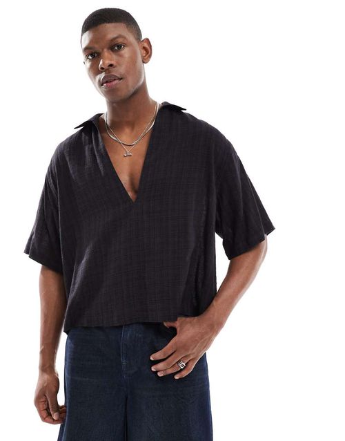 ASOS DESIGN boxy oversized overhead deep camp collar shirt in black