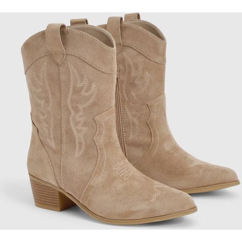 Boohoo Women's Wide Fit Faux Suede Tab Western Boots in Taupe