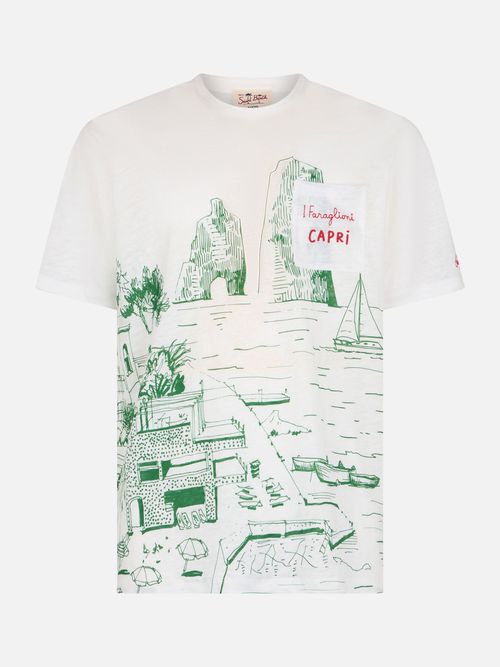 Man Linen Jersey T-Shirt Ecstasea With Capri Placed Print And Embroidered Pocket White - Men