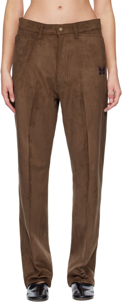 Brown Straight Faux-Suede Pants