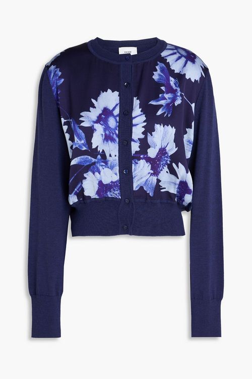Cropped floral-print satin-paneled merino wool cardigan - Blue - XL