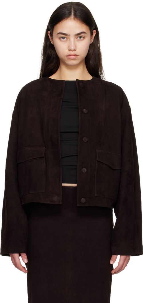 Brown Suede Utility Cocoon Bomber Jacket