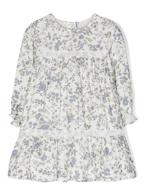 Floral-print lace-trim midi dress - White