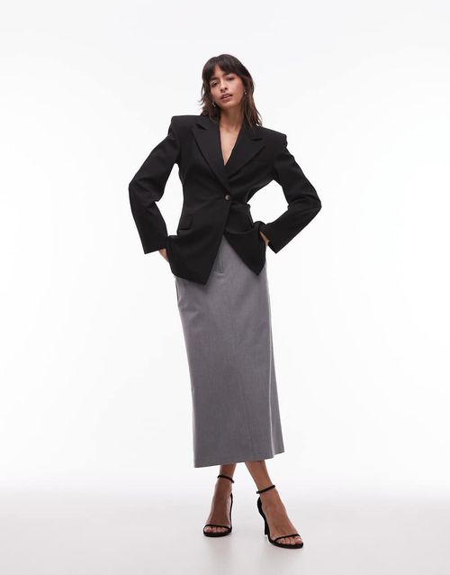 Tailored belted pencil midi skirt in grey melange