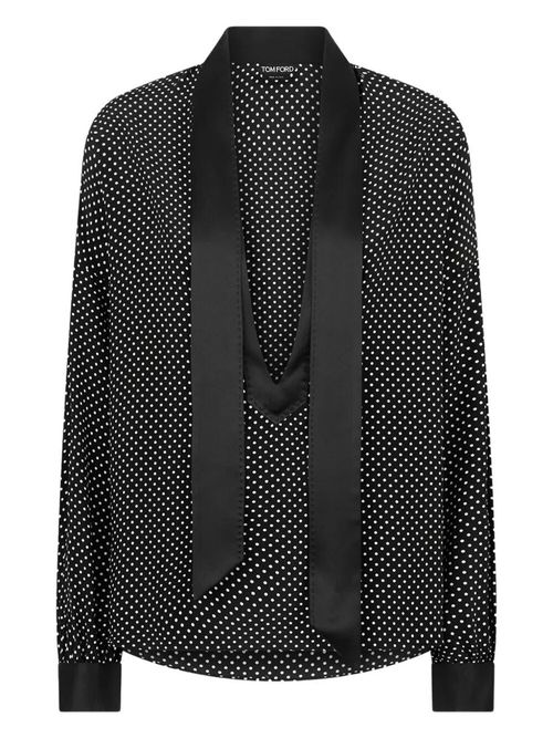 Printed Small Polka Dot Silk Crepe De Chine Lavalliere Tunic Top
