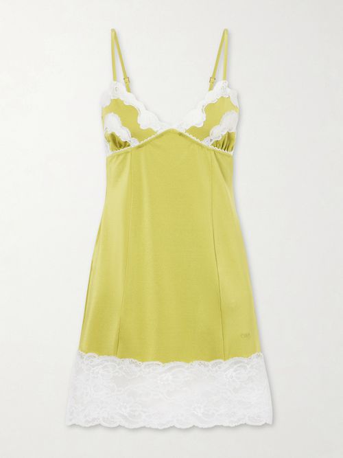 Lace-trimmed Satin Mini Dress - Yellow