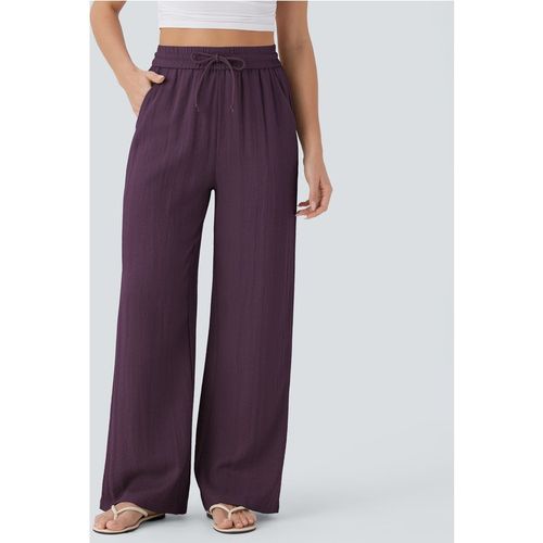 Halara High Waisted Drawstring Pocket Wide Leg Casual Linen-Feel Trousers - Italian Plum - XLexta