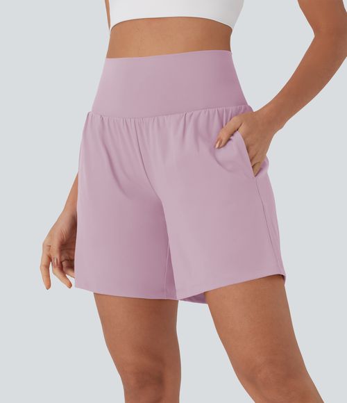 "Softlyzero™ Airy Super High Waisted 2-in-1 Cool Touch Yoga Shorts 7"" with Pockets Gym Short - Pink Purple