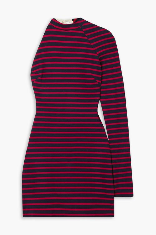 One-sleeve open-back striped cotton-jersey halter neck mini dress