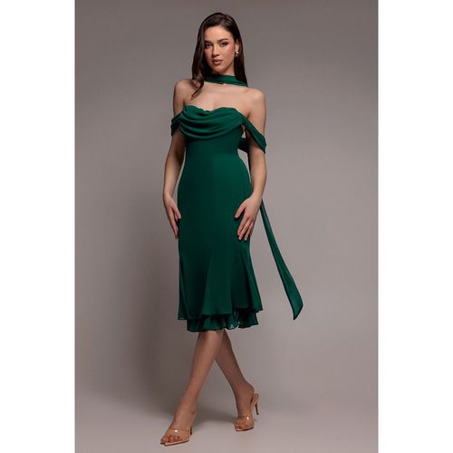 Goddiva Chiffon Cowl Off Shoulder Wing Tiered Midi Dress - Emerald Green