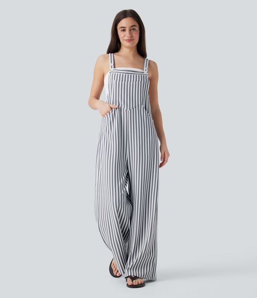 Pockets Stripe Waffle Overalls  - Stone Stripe