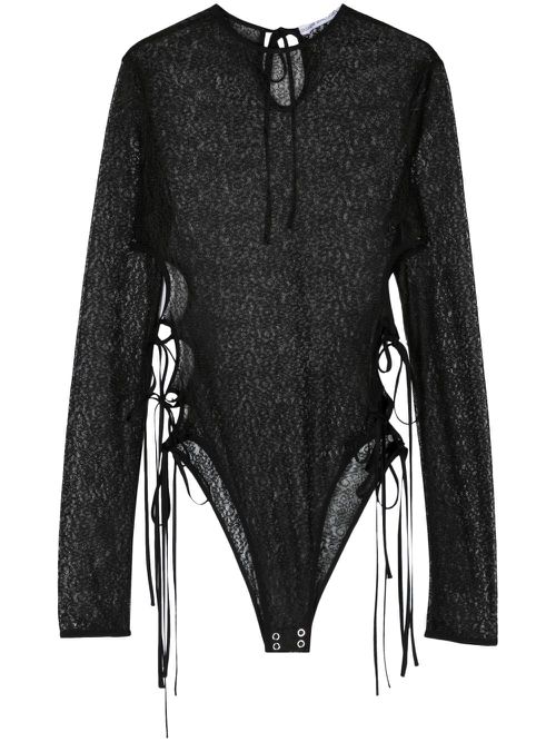 Black Cut-Out Sheer Lace Bodysuit - Women's - Polyester