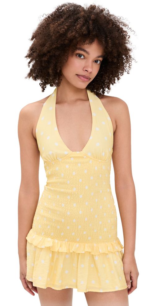 Fleur Shirred Halter Mini Dress Lemon White Polka
