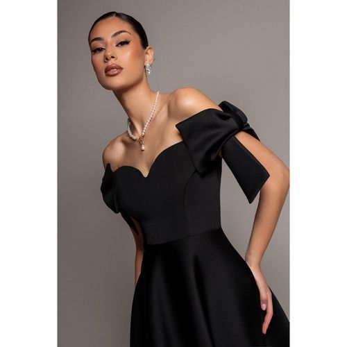 Goddiva Bardot Plunge Neck Bow Sleeve A Line Midi Dress - Black