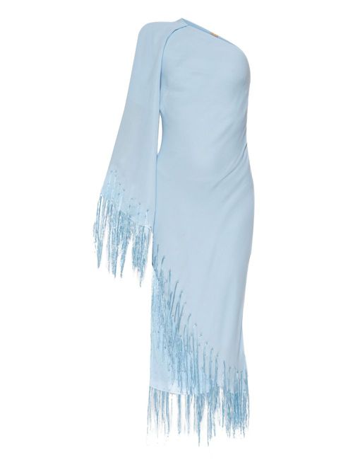 Fringe-detailed one-shoulder dress - Blue