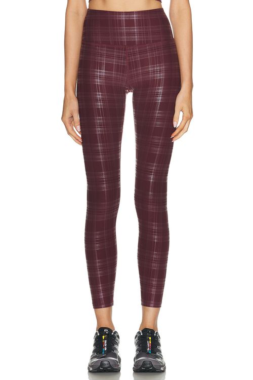 Beyond Yoga High Waisted Midi Legging in Plaid Foil Burgundy - Burgundy. XS also in L