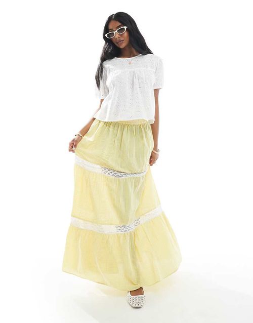 Wednesday's Girl gingham lace insert skirt in yellow