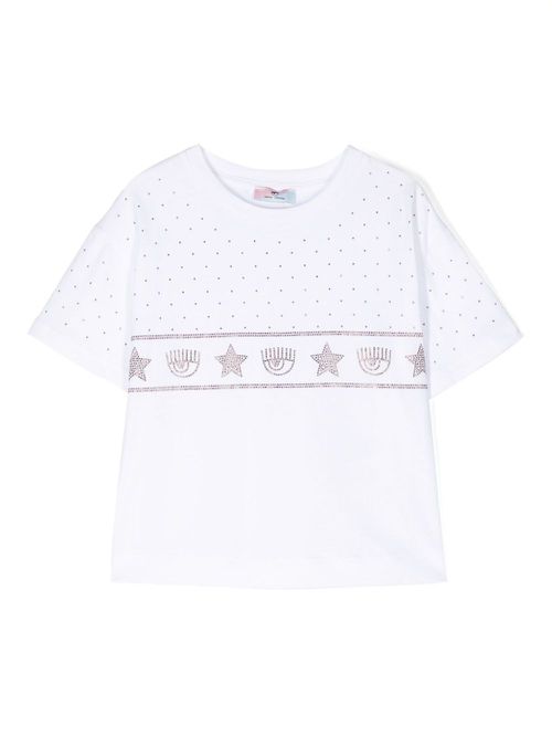 Eyelike-motif rhinestone-embellished T-shirt - White