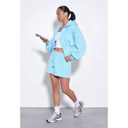 Boohoo Women's Cinched Waist Zip Through Cropped Hooded Short Tracksuit in Aqua | : Sma