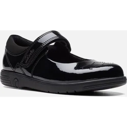 Clarks Jazzy Jig Kid black patent school shoe