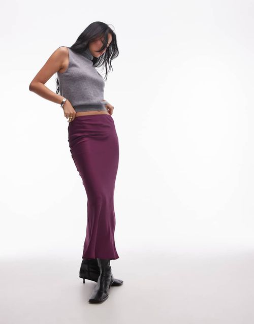 Topshop satin bias maxi skirt in burgundy-Red