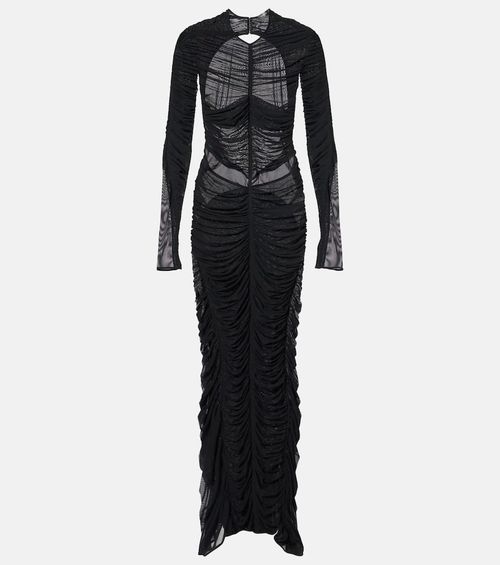 Ruched open-back mesh gown