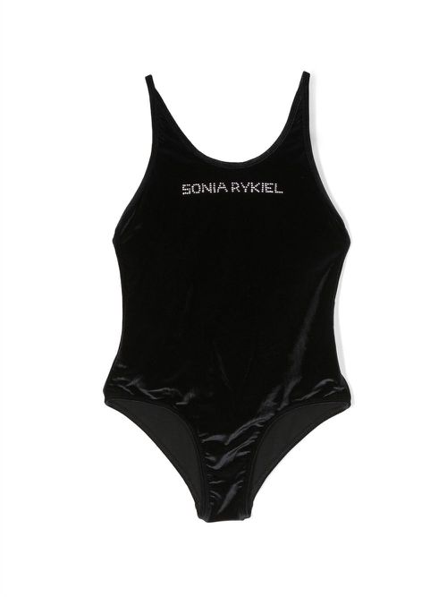 Logo-embellishment velvet swimsuit - Black
