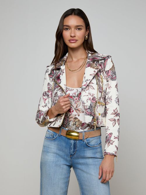 Blakely Leather Biker Jacket In White Multi Small Butterfly Jungle