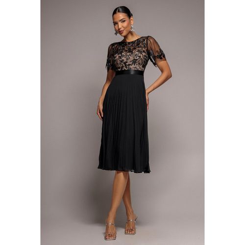 Goddiva Embroidered Top Chiffon Pleated Midi - Black