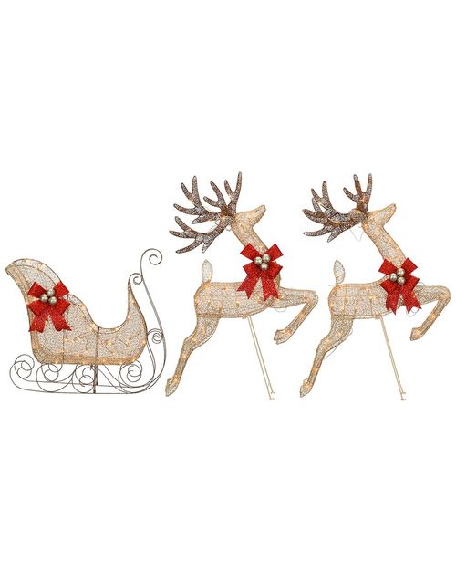 Champagne Reindeer & Sleigh w/ Clear Lights