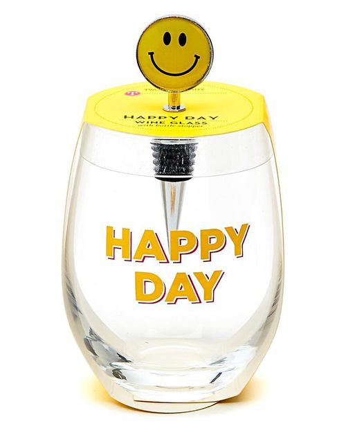 Happy Day Stemless Wine Glass With Smile Face Wine Stopper